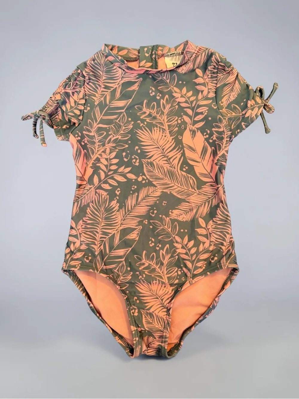 Art Class Summer Leaf-Print Short Sleeve One-Piece - Gray & Pink XS 4 5 Girls